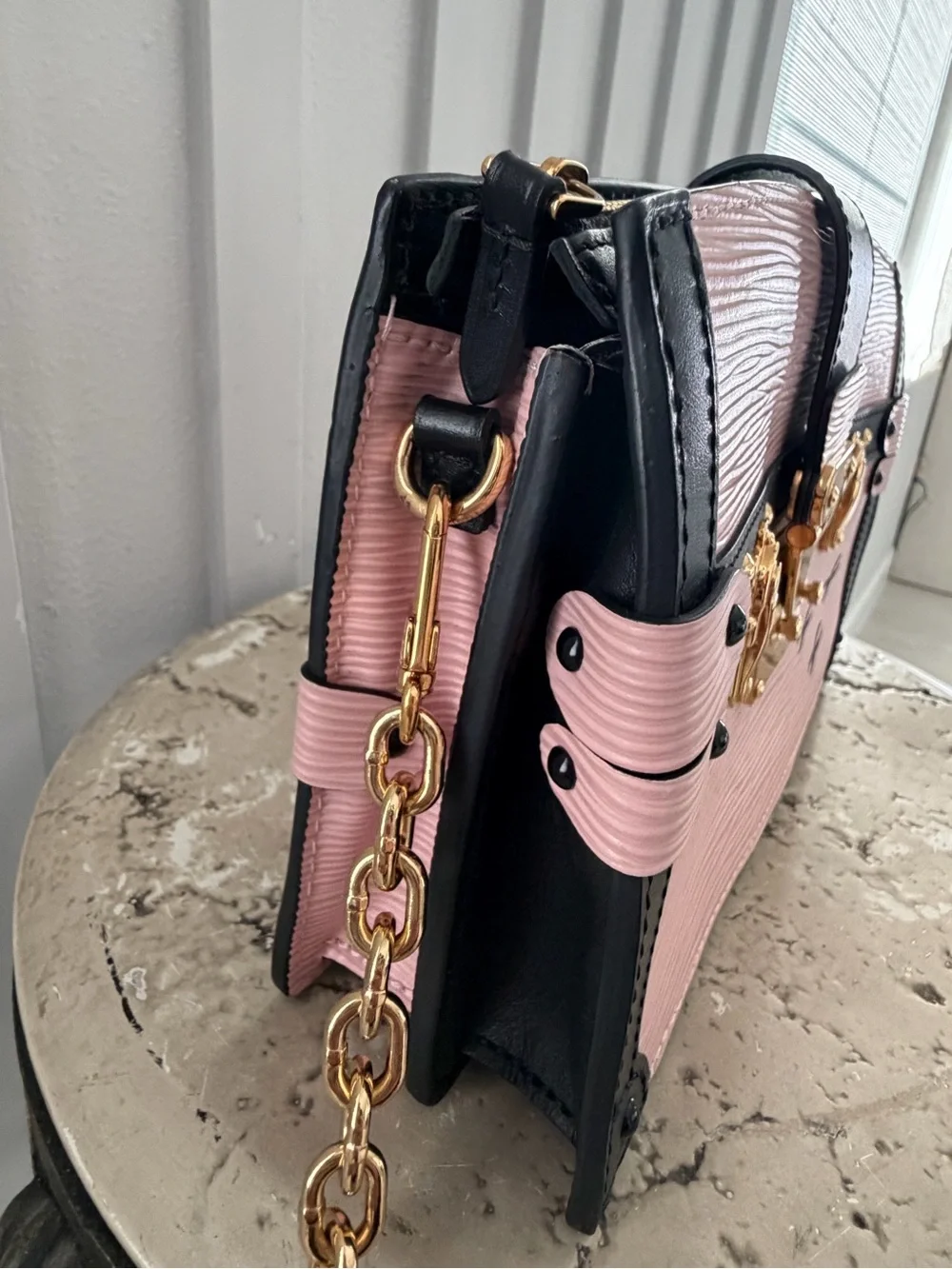 Authentic Louis Vuitton M53191 Petite Malle Clutch/Crossbody Black and Rose Pink